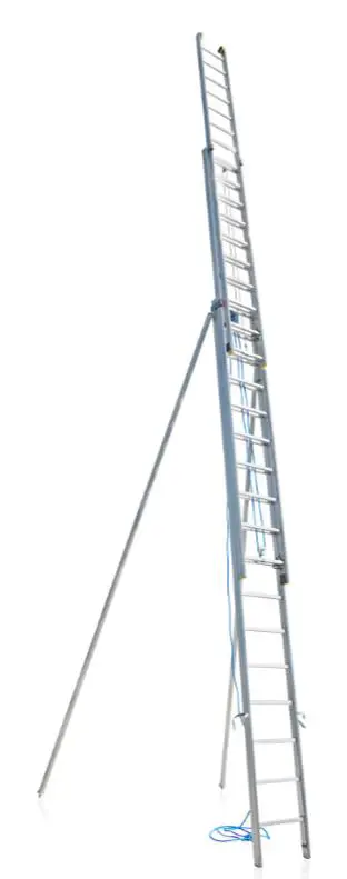 Aluminum rope operated extension ladder 3-part, with additional safety stabilisers, max. h-12,24m